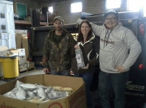 Greater Washington County Food Bank receives donated venison from Hunters Sharing the Harvest. Pictured left to right are: Steve Shuba – owner of Shuba’s Processing 1116 Allison Hollow Rd-Shop, 724.255.4861; Rebecca Pochiba – GWCFB employee and  Josh King.